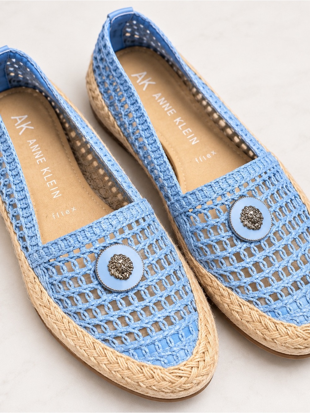 Anne Klein Sky Blue Crochet Espadrille Loafers with Medallion